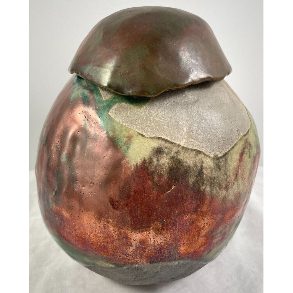 Panda Pottery Raku Jar Canister w/Lid Teal Green Tan Copper Brown Hand Made
